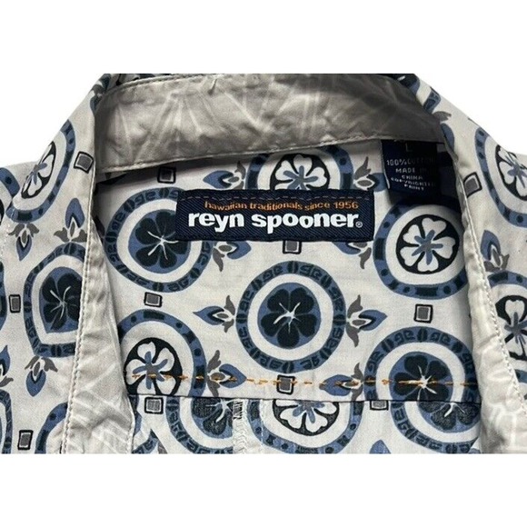 Reyn Spooner Mens Large Blue Palekaula Silver Button down Short Sleeve Shirt - Picture 7 of 7